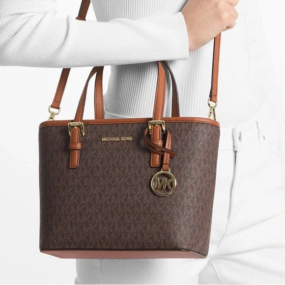 Michael Kors Jet Set Travel Extra-Small Logo Top-Zip lote Bag Brown Signature